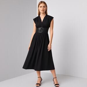 White House Black Market Petite Sz 6P Cap Sleeve Belted Poplin Midi Dress Black